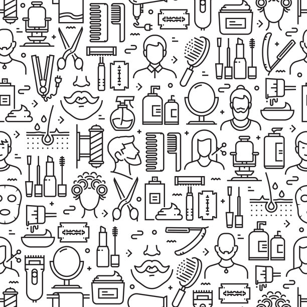 理发店相关无缝模式和背景线图标。可编辑的中风图片下载