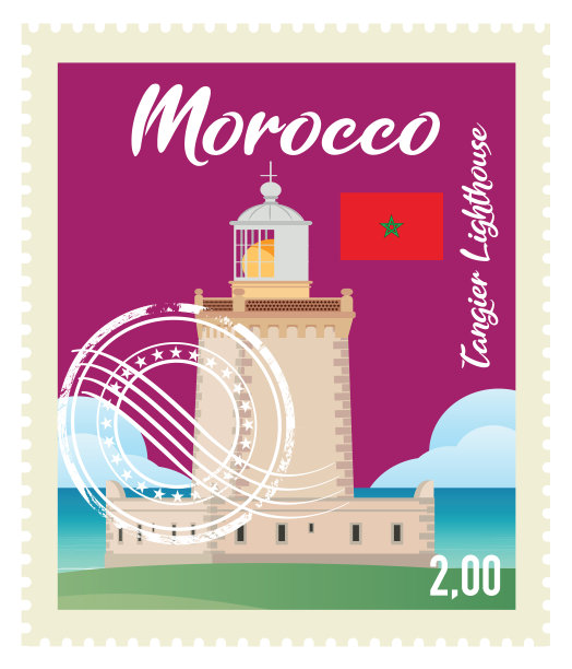 丹吉尔灯塔，摩洛哥邮票，邮资图片下载