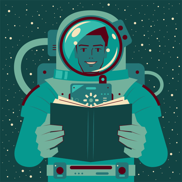 微笑英俊的宇航员(太空人)正在外太空读书;永远不要停止学习;投资自己;知识就是力量;阅读带你离开这个世界图片下载