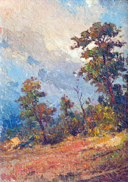 描绘秋天森林的油画山水画图片下载
