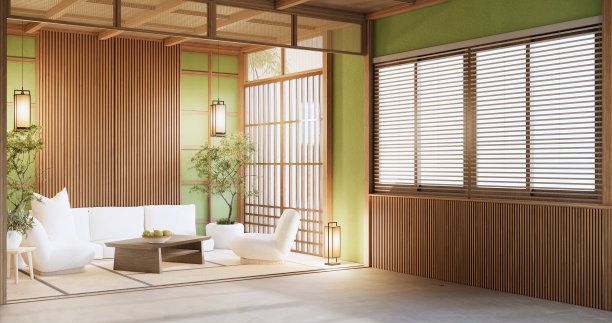 大房间现代客厅的室内设计，黑色矮桌，灯，花瓶，装饰日式风格。三维渲染图片下载