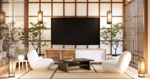 现代日本风格，白色墙壁上装饰有橱柜。三维渲染图片下载