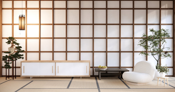 大房间现代客厅的室内设计，黑色矮桌，灯，花瓶，装饰日式风格。三维渲染图片下载