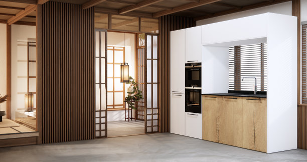 厨房间餐桌灰墙木地板。三维渲染图片下载