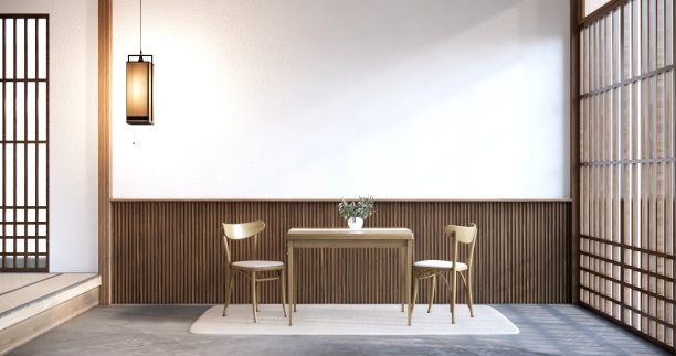 厨房间餐桌灰墙木地板。三维渲染图片下载