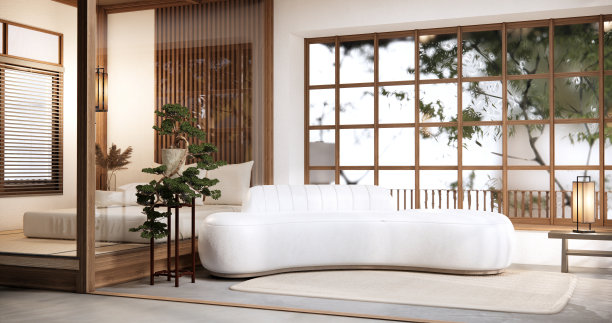 大房间现代客厅的室内设计，黑色矮桌，灯，花瓶，装饰日式风格。三维渲染图片下载