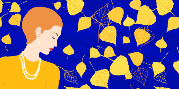 在程式化的树叶背景上的一个女孩的侧面图片下载