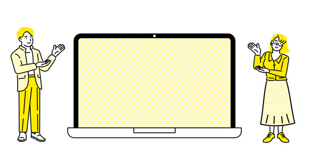 一对商人夫妇的全身插图，站在彼此的两侧，指着一台中央笔记本电脑。图片下载