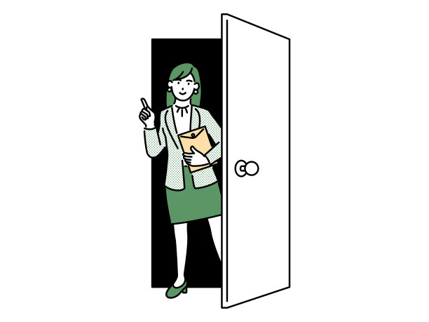 一个女商人站在门口，用手指着。图片下载