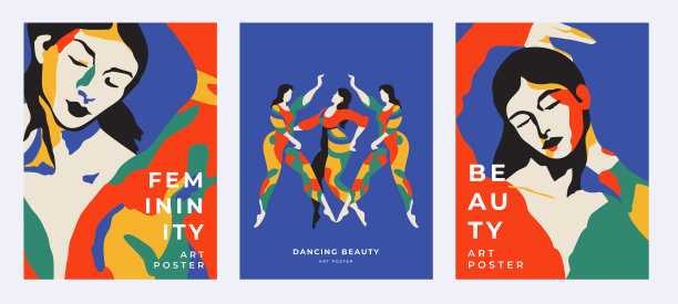 一套当代艺术海报与年轻迷人的女人和舞蹈美丽的三个女孩的肖像。美和女性的概念。世纪中期的艺术风格。手绘时尚插图。图片下载
