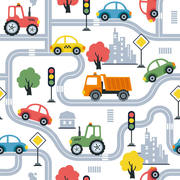 彩色无缝图案与卡通交通，汽车，卡车，道路，交通灯，道路标志在平面风格。无尽的纹理织物，衣服，背景，纺织品，壁纸。矢量插图。图片下载