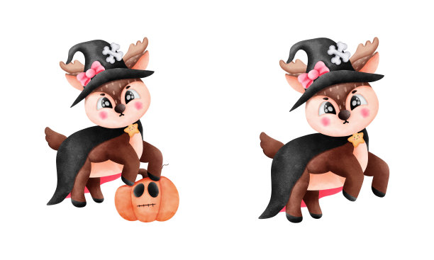 神奇的万圣节驯鹿穿着女巫服装和万圣节南瓜。图片下载