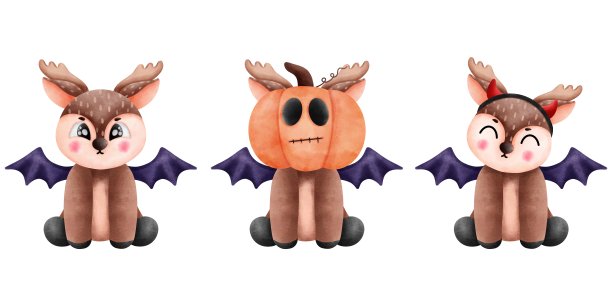 异想天开的水彩万圣节驯鹿集。可爱的驯鹿，女巫的翅膀，万圣节南瓜和红色的死亡角。图片下载