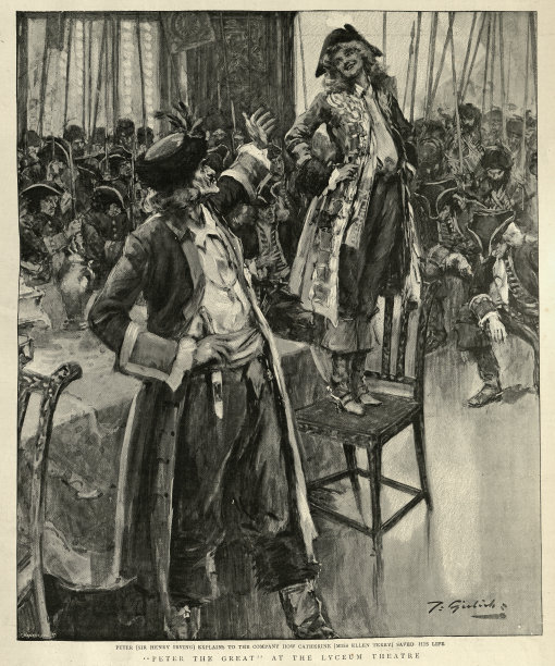 《彼得大帝在校园剧院》中的一幕，由19世纪的亨利·欧文爵士和艾伦·特里小姐主演图片下载