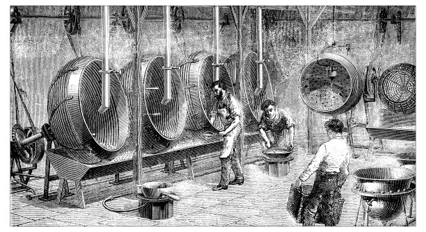 仿古插画雕刻制造业:巧克力糖衣生产图片下载