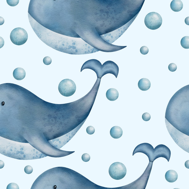 鲸鱼和泡沫水彩无缝图案图片下载