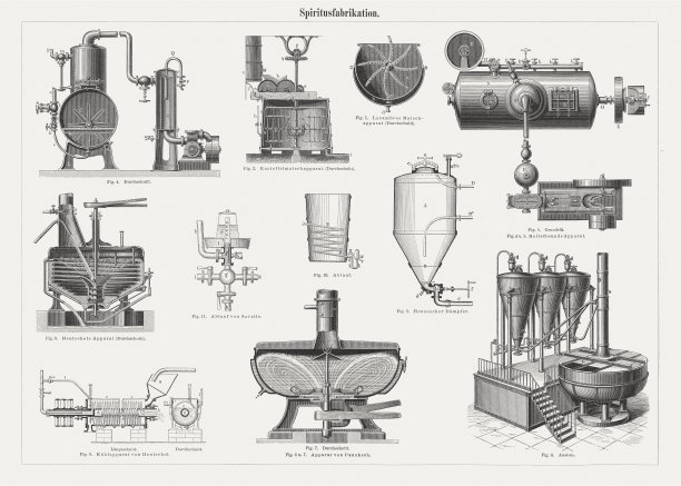 变性酒精生产设备，木材雕刻，1897年图片下载
