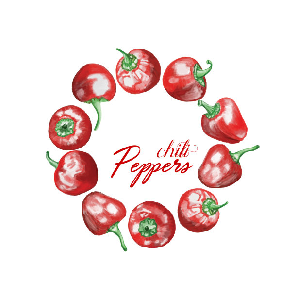 红辣椒花环，水彩手绘插图孤立在白色背景。图片下载