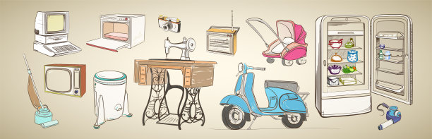 复古家电的多色插图图片下载