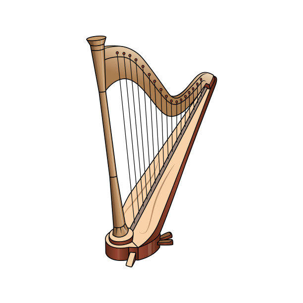 彩色矢量插图的儿童活动着色书页与乐器竖琴的图片。图片下载