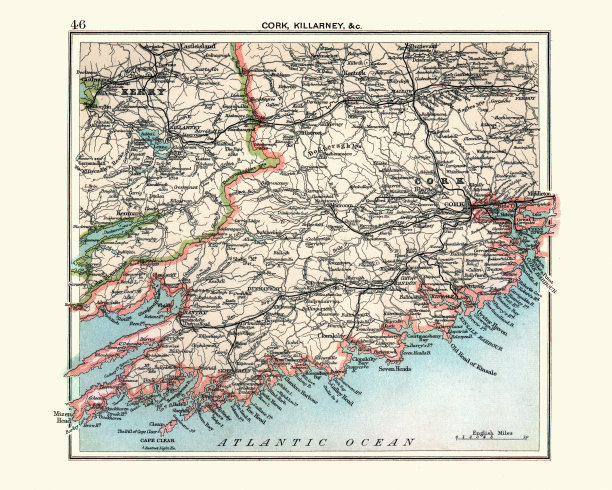 科克和基拉尼的古董地图，爱尔兰，19世纪90年代图片下载