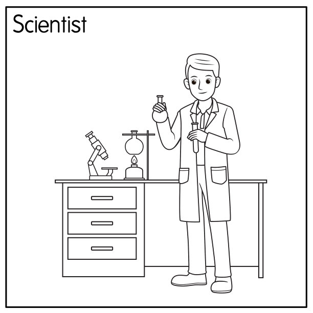 科学家孤立在白色背景上的矢量插图。工作和职业概念。卡通人物。教育和学校的孩子涂色页，打印，活动，工作表，抽认卡。图片下载