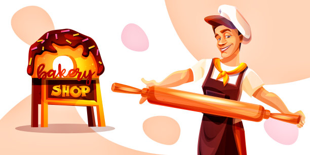 卡通风格的烘焙概念。面包师与擀面杖和面包店的标志在抽象的背景。图片下载