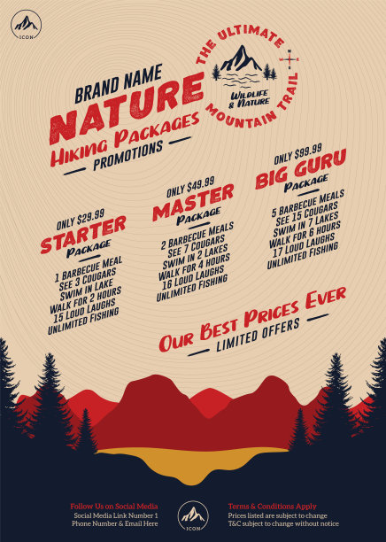 徒步旅行套餐的传单或海报与森林树木，山脉和湖泊的日落自然风景远足套餐和定价图片下载