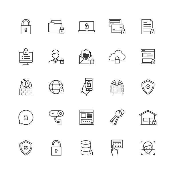 简单的一组网络安全相关的矢量线图标图片下载
