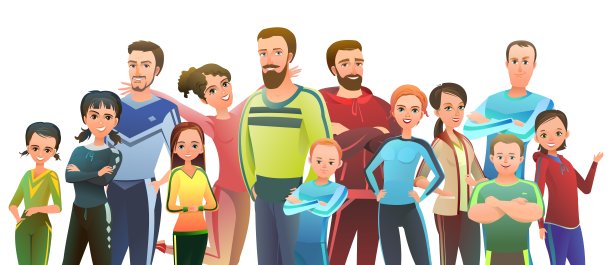 男人，女人和小孩穿着运动服。为体育活动做好准备。开朗的人。站立姿势。卡通风格。单个的字符。插图孤立在白色背景。向量图片下载