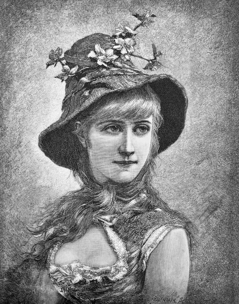 年轻活泼的女人与花帽，长金发和低领口图片下载