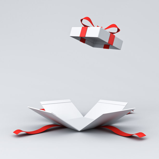 打开白色的礼物盒或礼盒与红丝带和蝴蝶结隔离在白色灰色的背景与阴影最小的概念3D渲染图片下载