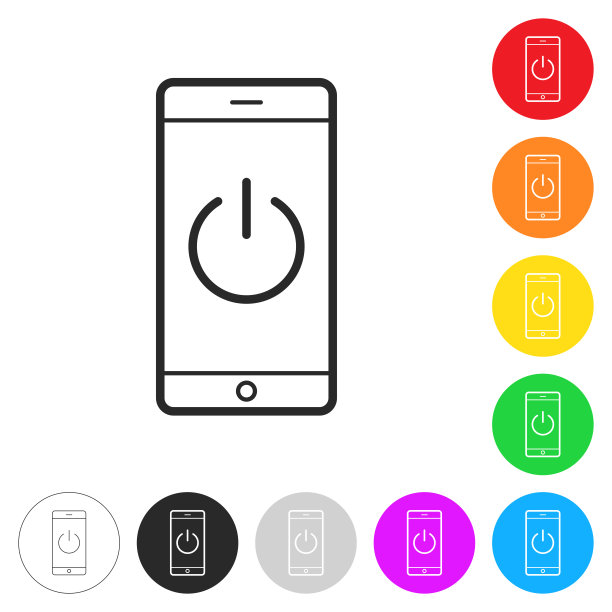 有电源按钮的智能手机。彩色按钮上的图标图片下载