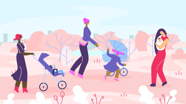 快乐的母亲与孩子在城市公园散步图片下载