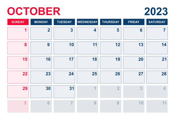 2023年10月日历。日历计划设计模板。一周从周日开始。业务矢量图图片下载