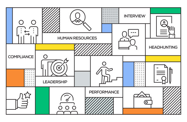 人力资源的概念。几何复古风格的旗帜和海报概念与人力资源线图标图片下载
