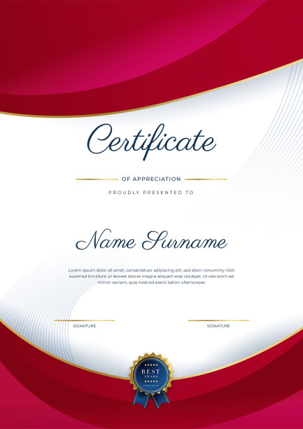 现代优雅的红色和金色成就证书模板与金徽章和边界。专为文凭，奖项，商业，大学，学校，背景和企业。图片下载