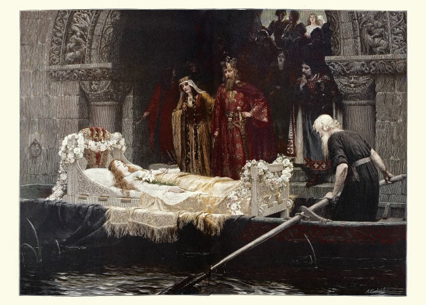 亚瑟王和格温娜维尔在阿斯图拉的伊莱恩遗体前，亚瑟王的传说，夏洛特夫人图片下载