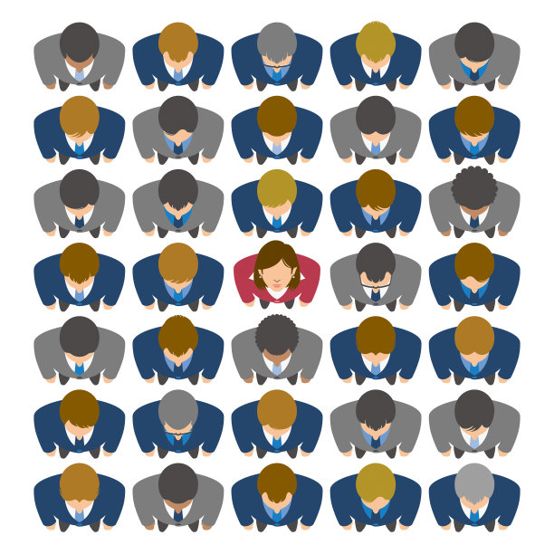 在众多商业男性中，一个商业女性的高视角图片下载