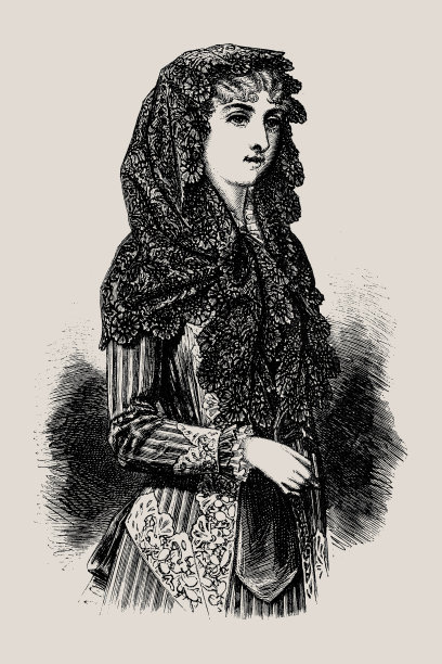 维多利亚时尚女人，戴西班牙曼蒂利亚头饰图片下载