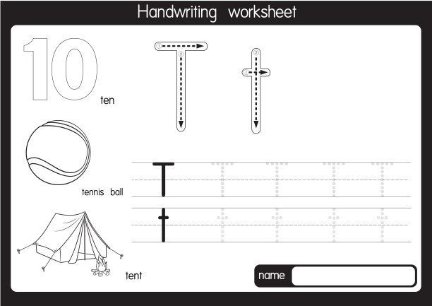 黑白矢量插图，用字母T大写字母或大写字母为儿童学习练习ABC图片下载