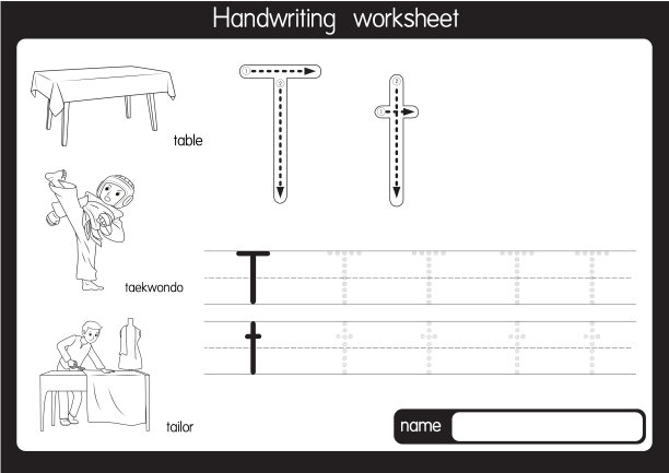 黑白矢量插图，用字母T大写字母或大写字母为儿童学习练习ABC图片下载