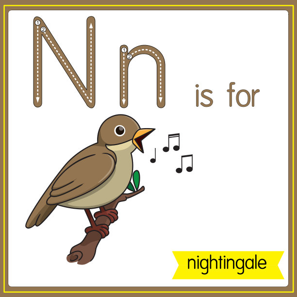 矢量插图学习字母为儿童与卡通形象。字母N代表夜莺。图片下载