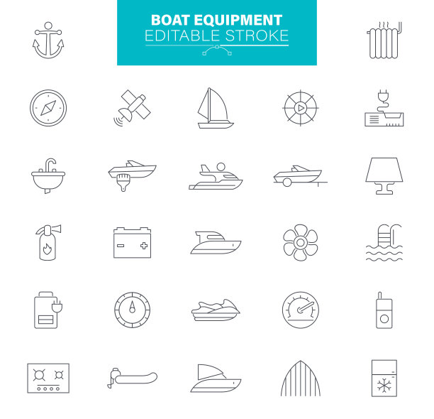 船只设备图标可编辑的笔触。包含帆船，船，航海船，钓鱼，游艇的图标图片下载