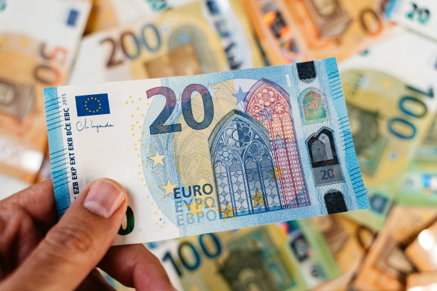 手里拿着20欧元钞票，上面是一堆钱图片下载