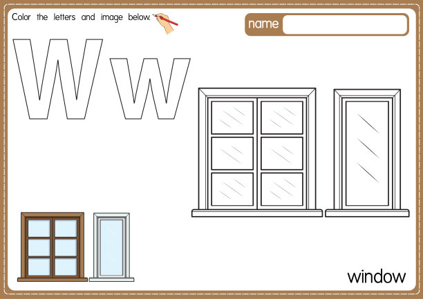 矢量插图的儿童字母着色书页与概述剪贴画，以颜色。字母W代表窗口。图片下载