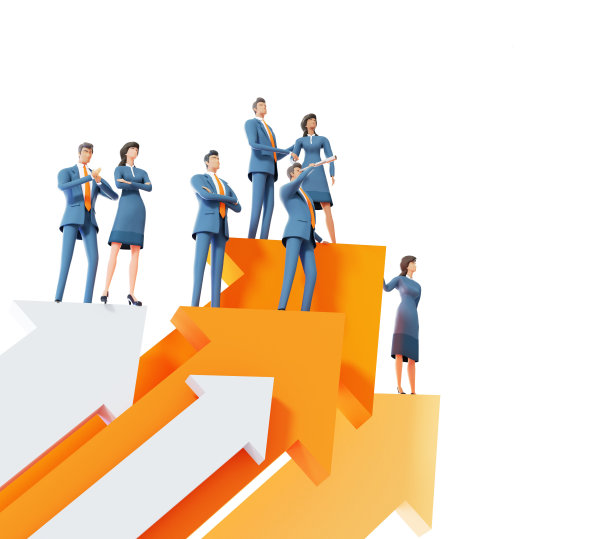 商务人士、成功的团队站在大箭头的顶端，展示成就、成长、职业成功。3D渲染图图片下载