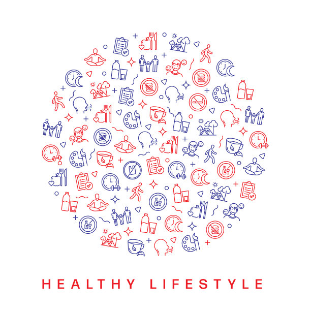 健康生活方式相关图案设计。现代线条风格设计图片下载