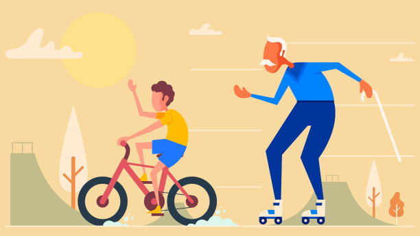 爷爷和孙子试着滑冰和骑自行车图片下载