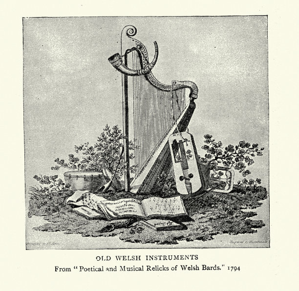 古威尔士乐器的插图，竖琴，乌鸦，号角，鼓图片下载